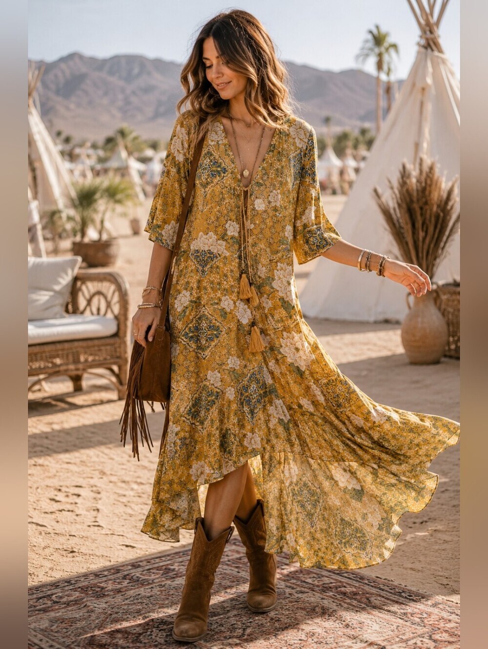 ✨ Kivari Mustard Floral Boho Duster ✨